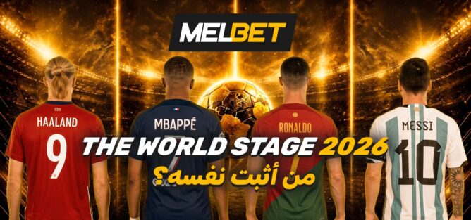 كرة ذهبية كبيرة في ملعب ذهبي مع لاعبين من خلفيات مختلفة ومونديال 2026