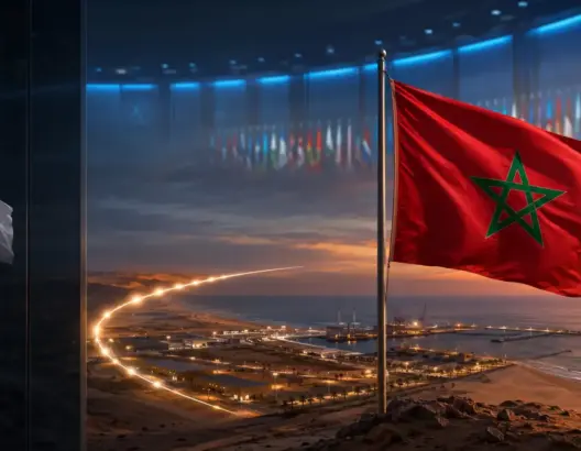 علم المغرب يرفرف فوق مدينة ساحلية ليلية مع أعلام أخرى في خلفية تعبيرية