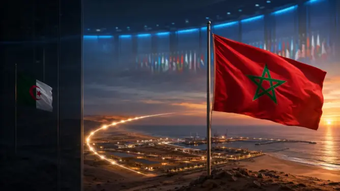 علم المغرب يرفرف فوق مدينة ساحلية ليلية مع أعلام أخرى في خلفية تعبيرية