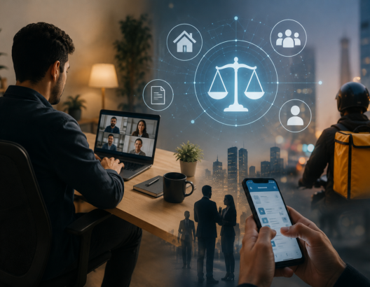 رجل يعمل عن بعد عبر الكمبيوتر مع رموز رقمية تمثل حقوق العمل الجديدة