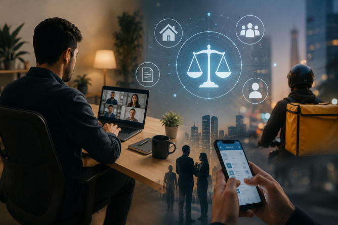 رجل يعمل عن بعد عبر الكمبيوتر مع رموز رقمية تمثل حقوق العمل الجديدة