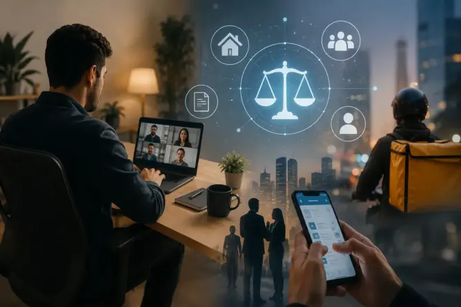 رجل يعمل عن بعد عبر الكمبيوتر مع رموز رقمية تمثل حقوق العمل الجديدة