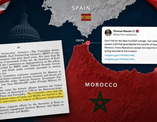 خريطة شمال أفريقيا تظهر سبتة ومليلية وعلم المغرب والكونغرس الأمريكي