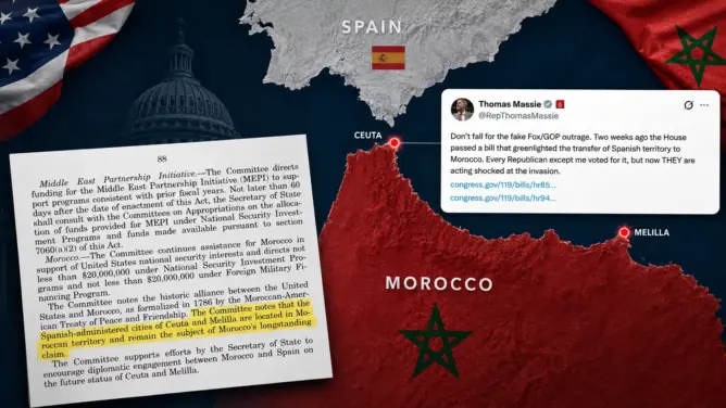 خريطة شمال أفريقيا تظهر سبتة ومليلية وعلم المغرب والكونغرس الأمريكي