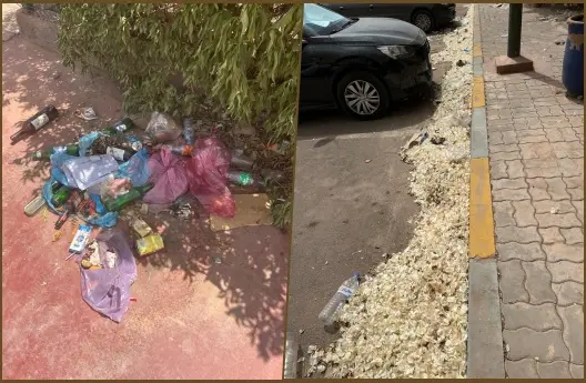 أكياس بلاستيكية ونفايات على رصيف مشاة بجانب سيارة وسلة مهملات بتسلطانت