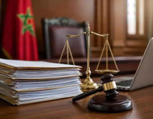 مكتب قضائي بمطرقة وميزان عدالة وأوراق قانونية ولابتوب وعلم أحمر استعداداً للمساطر الجديدة