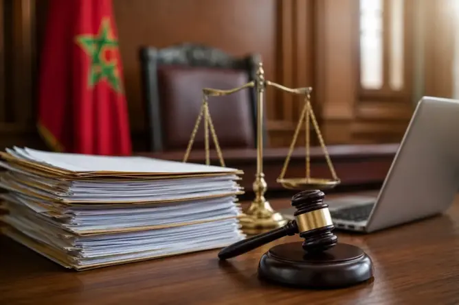 مكتب قضائي بمطرقة وميزان عدالة وأوراق قانونية ولابتوب وعلم أحمر استعداداً للمساطر الجديدة