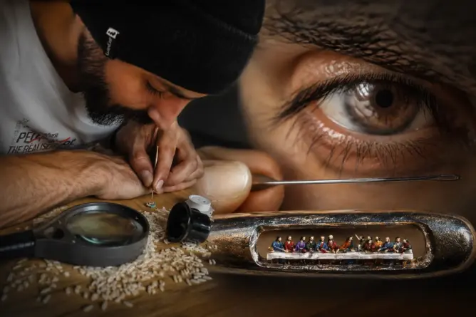 ينحت على حبة أرز ويكتب على شعرة لحية.. فنان مغربي يتحدى المستحيل ويدخل عالم الأرقام القياسية
