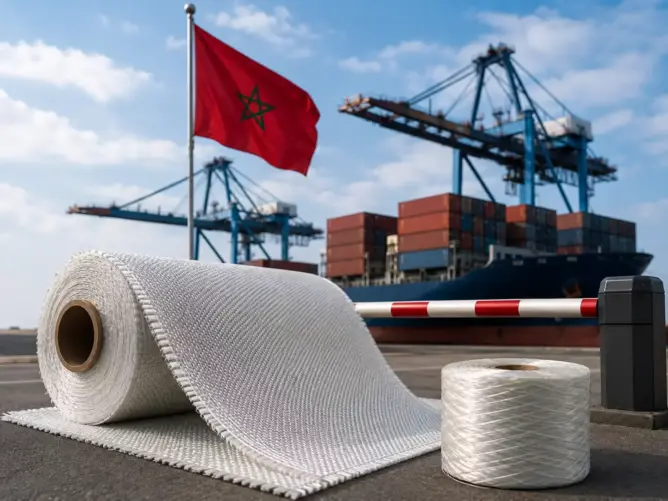 علم المغرب في مرفأ بحري مع سفينة شحن وحاويات وأقمشة ألياف زجاجية