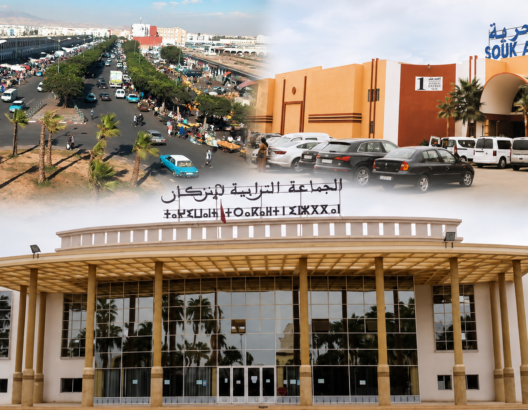 صورة مركبة تجمع مقر جماعة إنزكان وسوق الحرية ومشهدا لشارع تجاري بالمدينة.