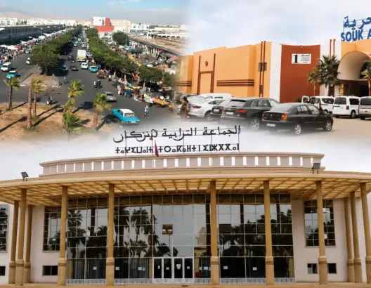 صورة مركبة تجمع مقر جماعة إنزكان وسوق الحرية ومشهدا لشارع تجاري بالمدينة.