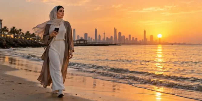 امرأة تمشي على الشاطئ عند الغروب وتحمل هاتفًا بيدها